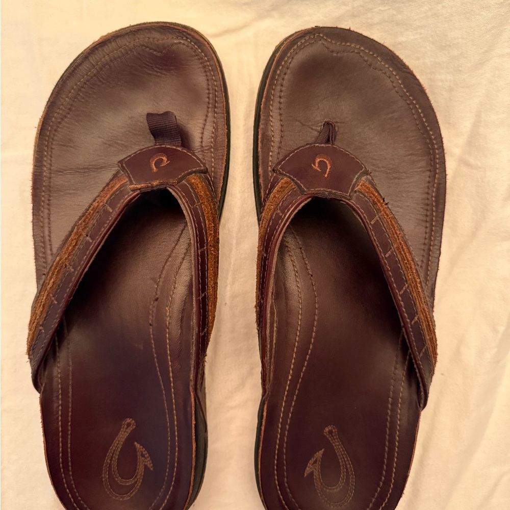OluKai Brown Leather Flip-Flops Sandals